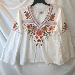 ROD's Women's Top Shirt White Floral Embroidered Long Sleeve Boho Cottagecore L
